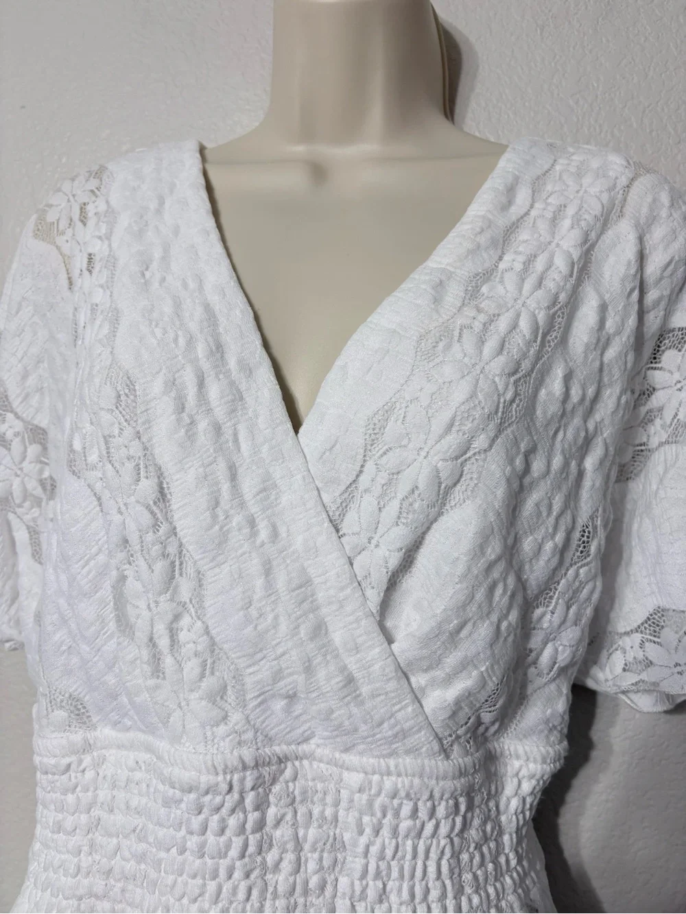 Rabbit White Lace Ethereal Boho Dress Handkerchief Hem Dolman Flutter Sleeves